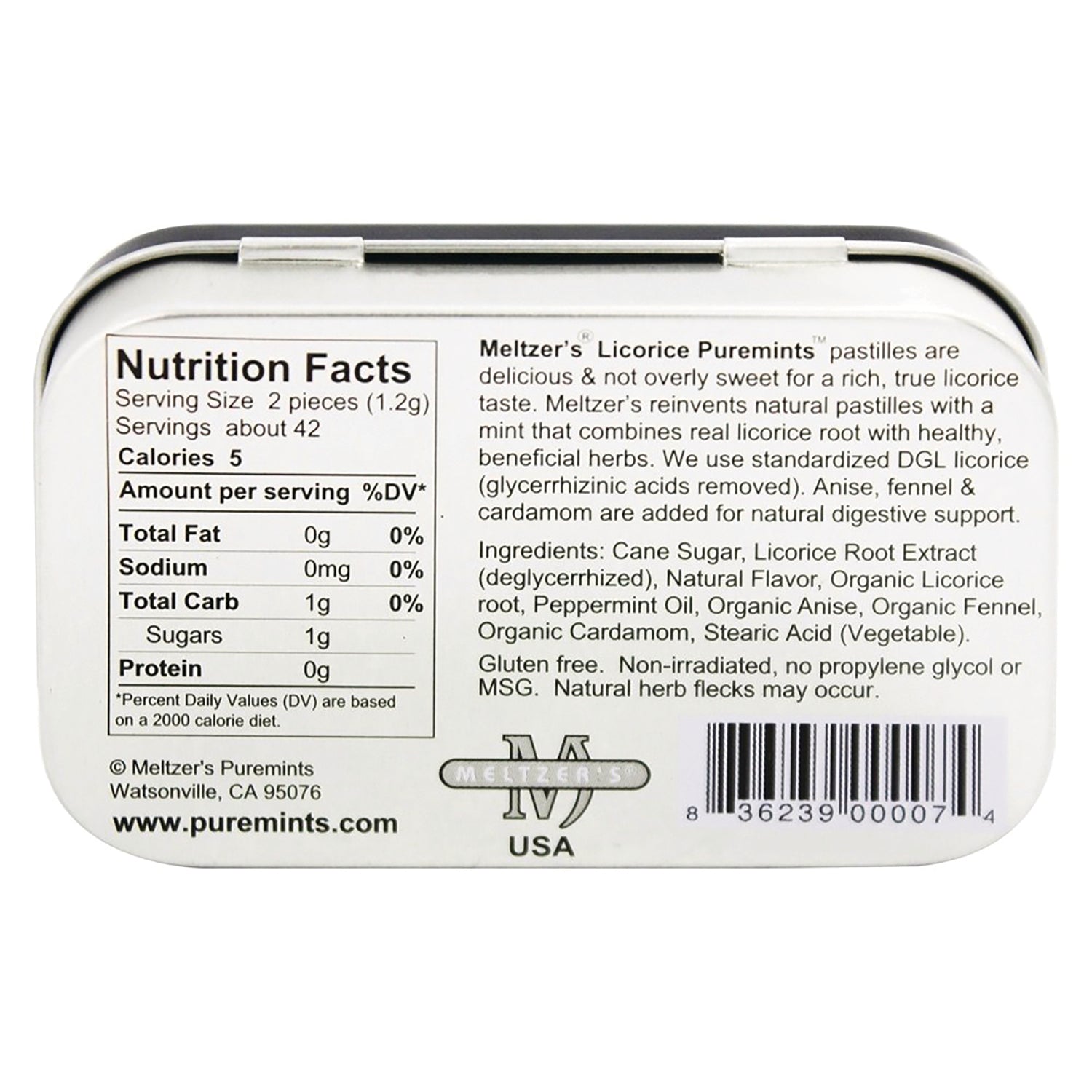 MLZ001 | back of white metal mint tin showing Nutrition Facts, ingredients list, Meltzer's Puremints branding and barcode