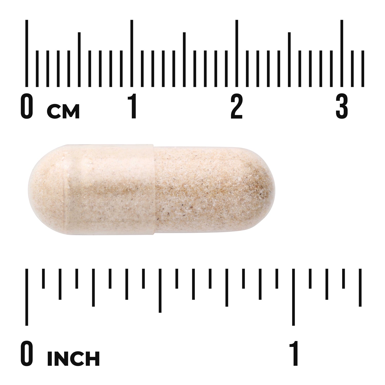 SW1404 | Beige capsule with size reference, rulers labeled cm and inch