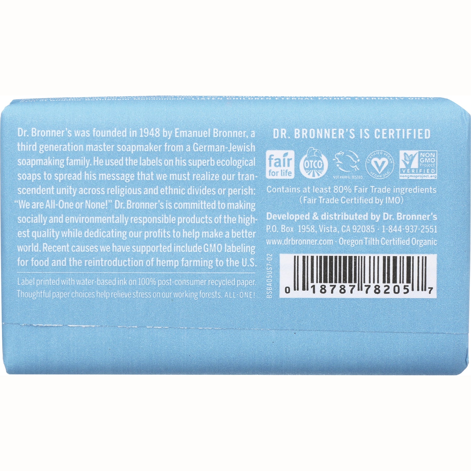 DRB018 | back of light blue Dr. Bronner's soap box showing company history, certification icons and barcode