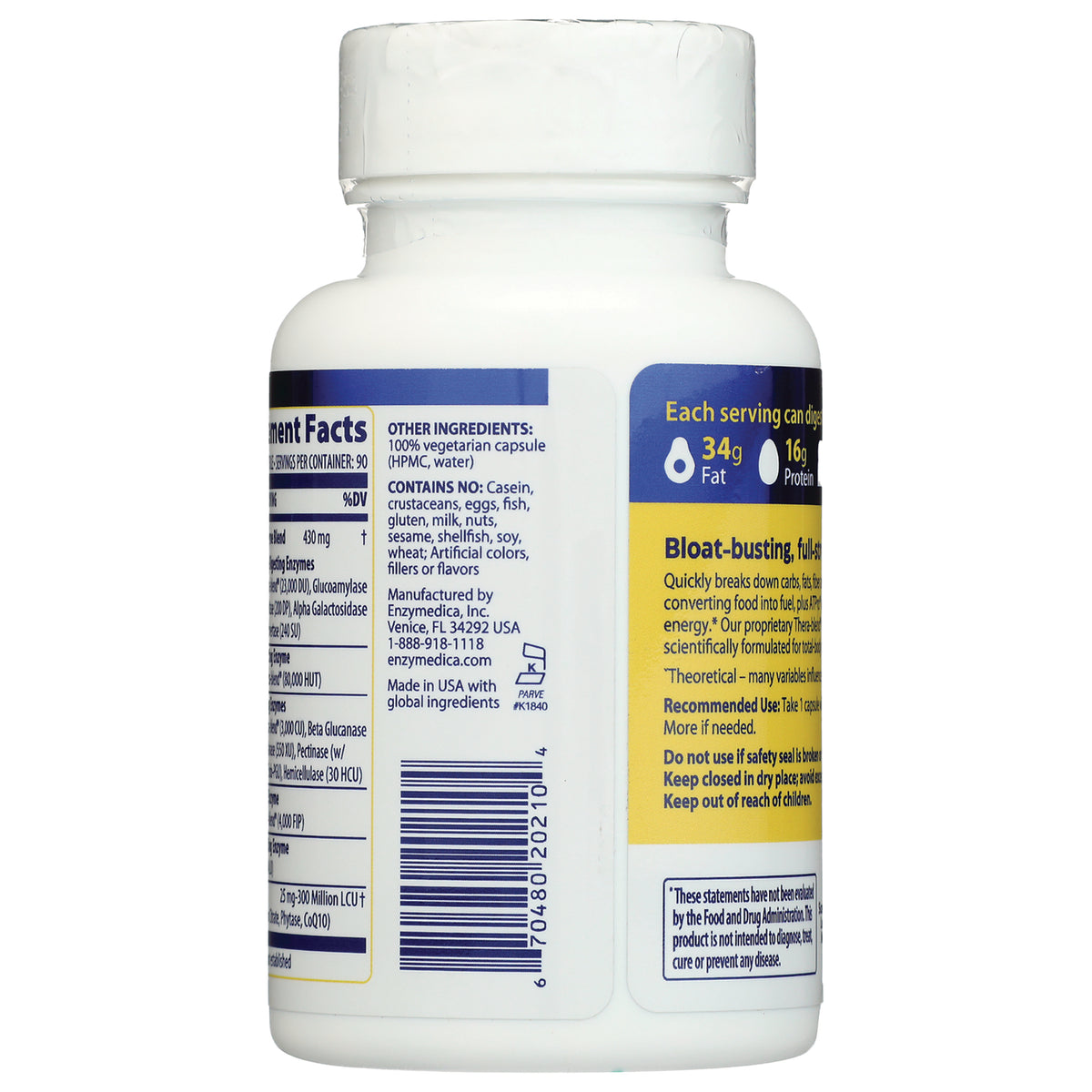 EMD009 | Back of white supplement bottle showing supplement facts, other ingredients, barcode and information panel