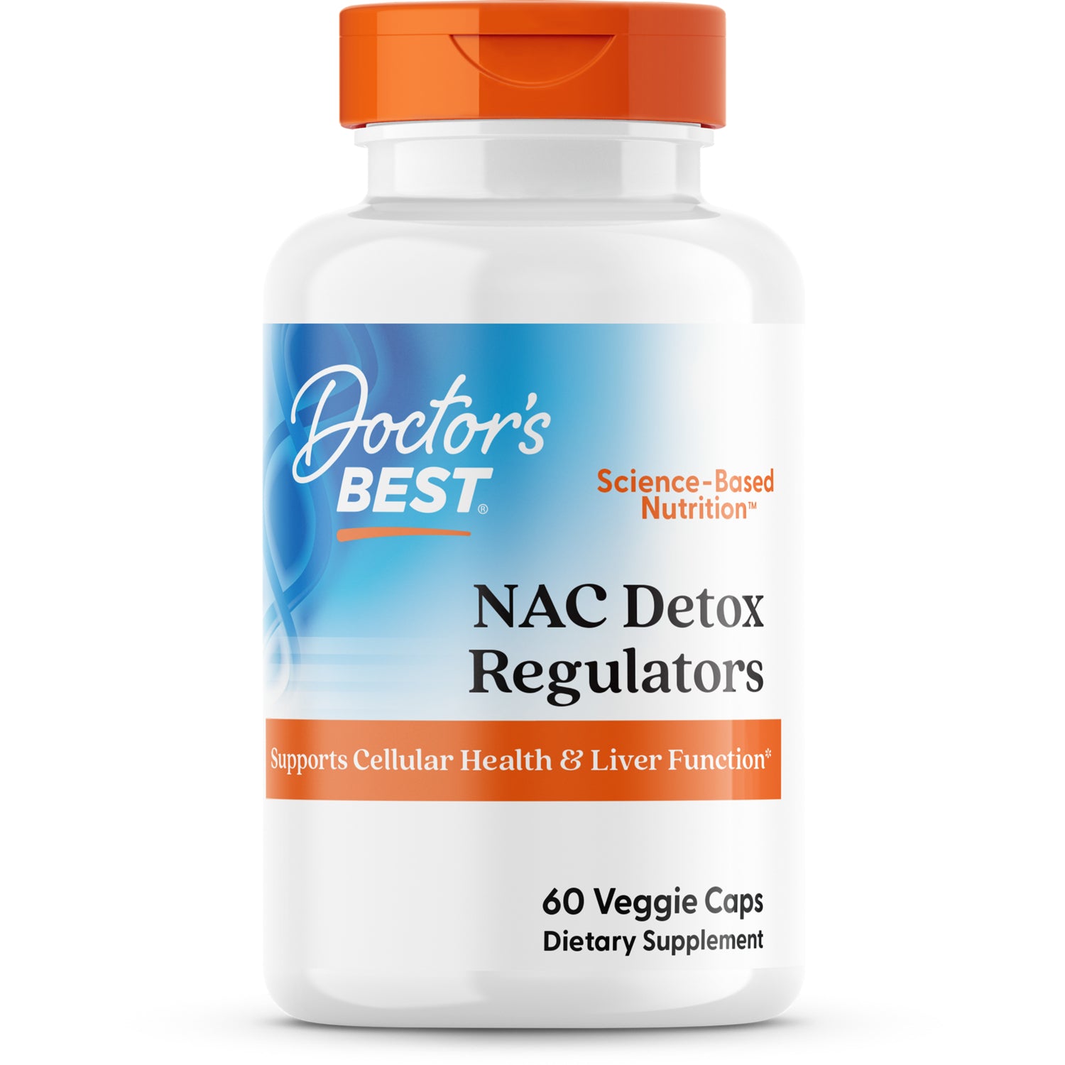Doctor's Best NAC Detox Regulators bottle with orange cap labeled 60 Veggie Caps, dietary supplement