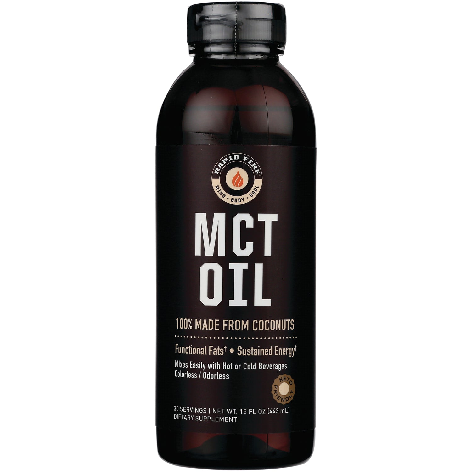 RPF001 | Bottle of MCT OIL dietary supplement labeled 100% made from coconuts, 15 fl oz