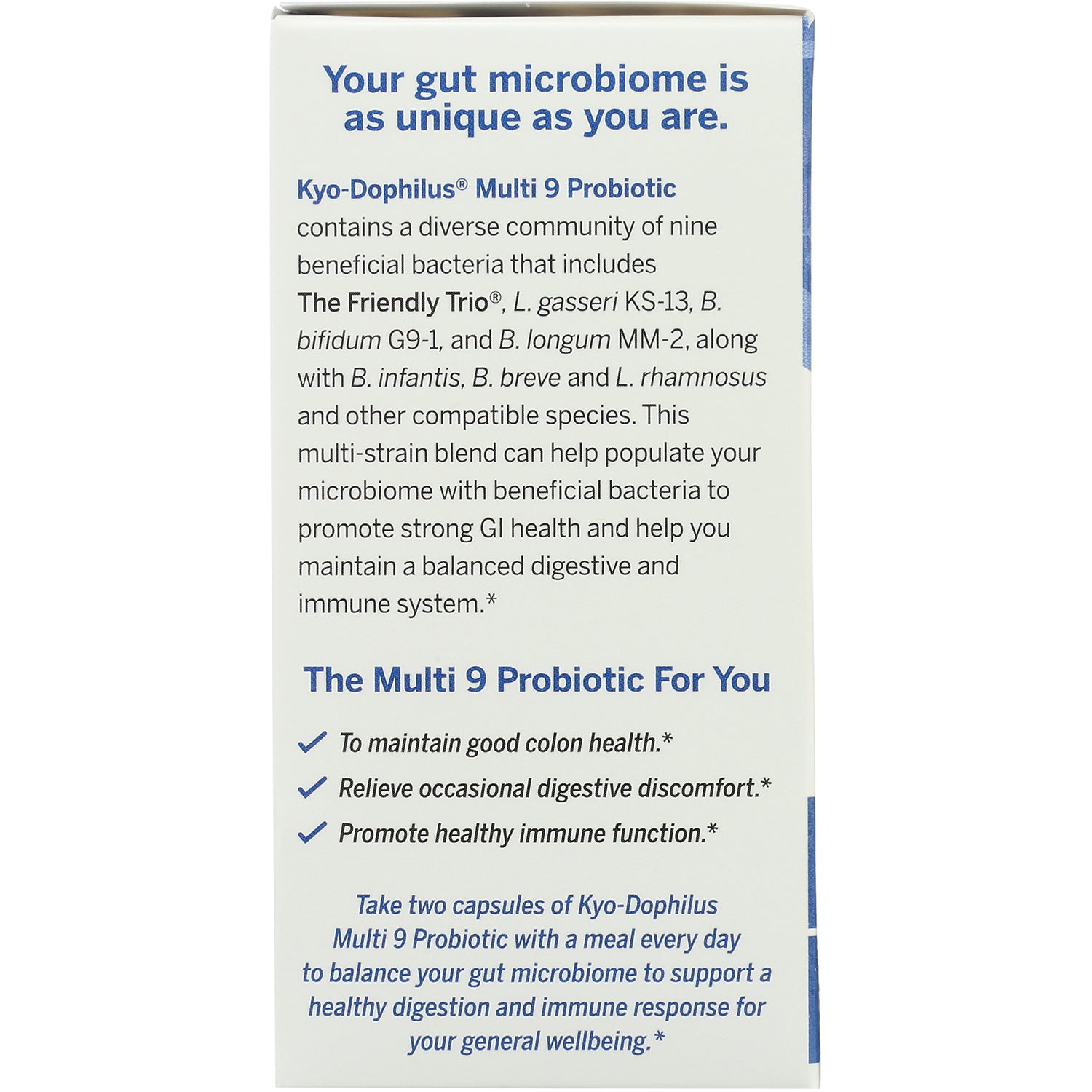 KY072 | Back of probiotic box showing microbiome description, benefits checklist, and dosing instructions