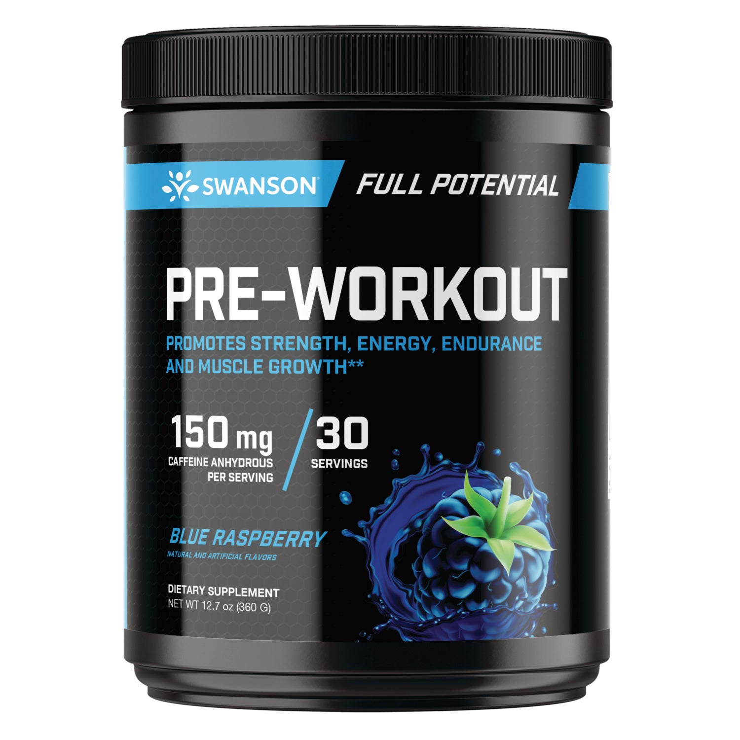 SW1955 | Swanson Full Potential Pre-Workout, Blue Raspberry, 150 mg caffeine per serving, 30 servings, 12.7 oz
