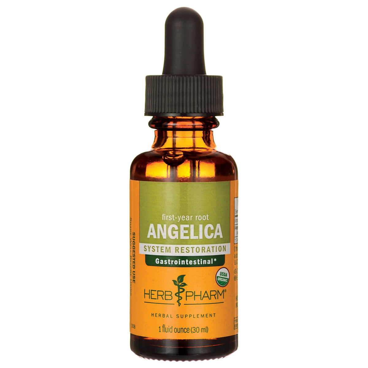 HPH069 | Amber dropper bottle labeled ANGELICA System Restoration Gastrointestinal Herb Pharm herbal supplement 1 fluid ounce (30 ml)