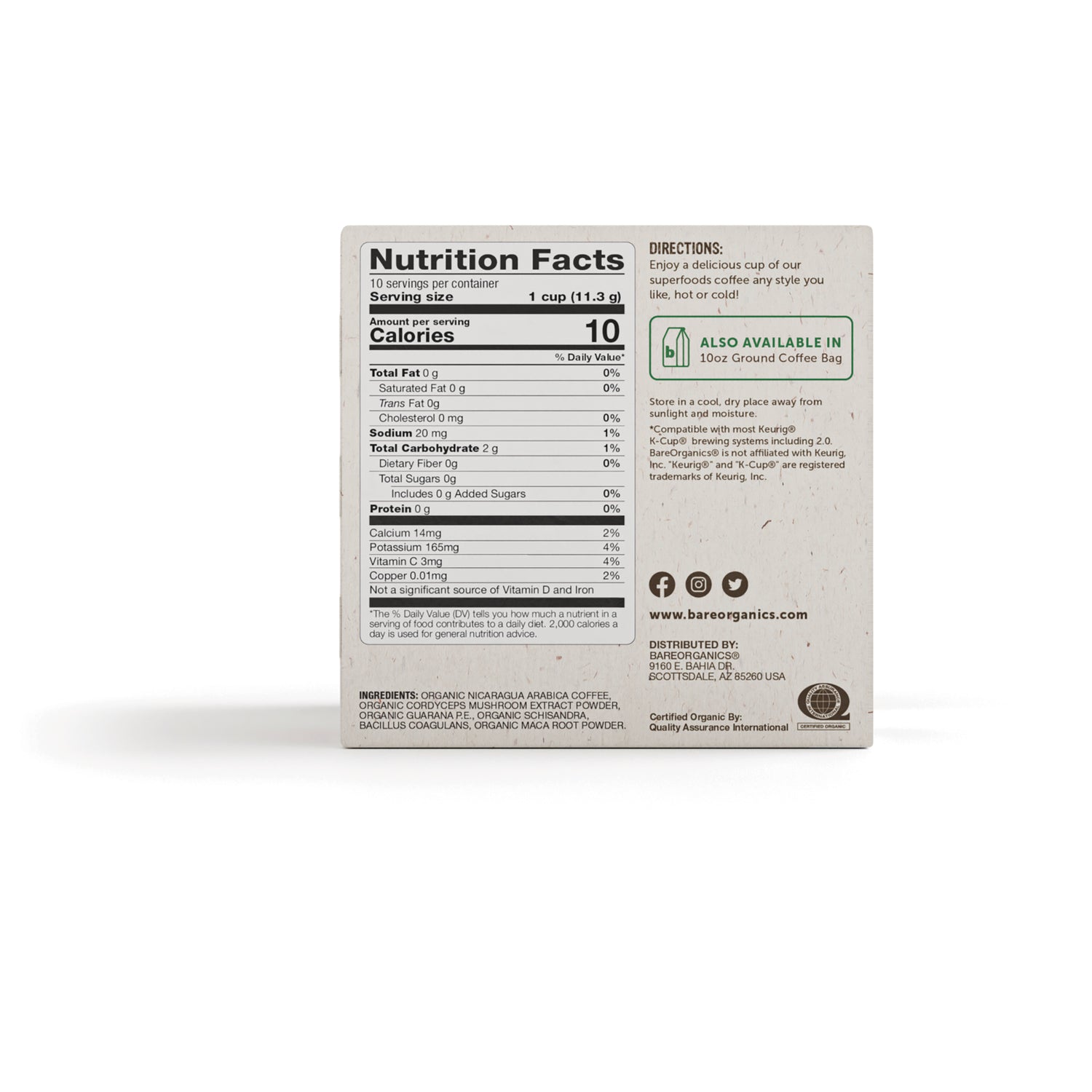 BOR017 | back of coffee box showing Nutrition Facts panel, directions, and ingredients