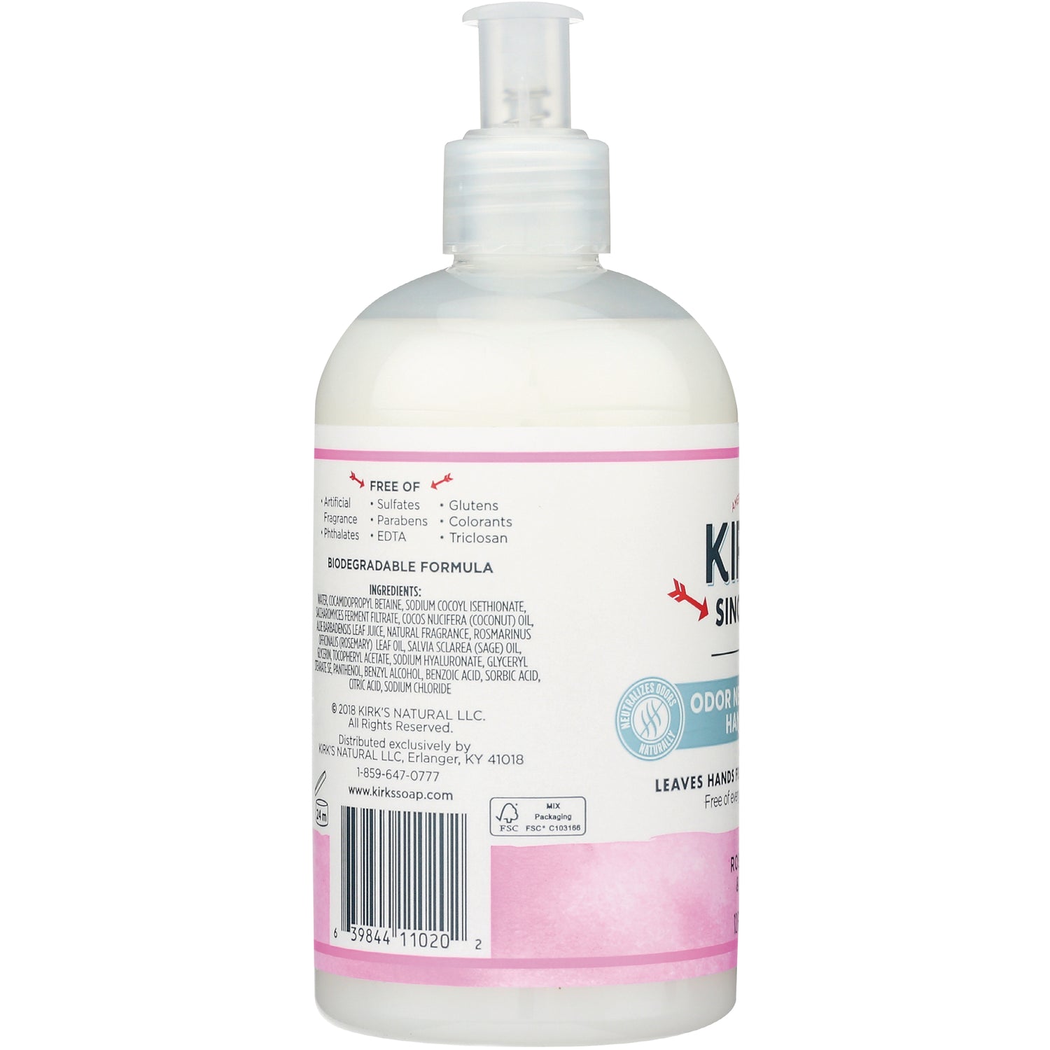 KIR021 | Back label of white pump bottle showing ingredients, biodegradable formula text and barcode