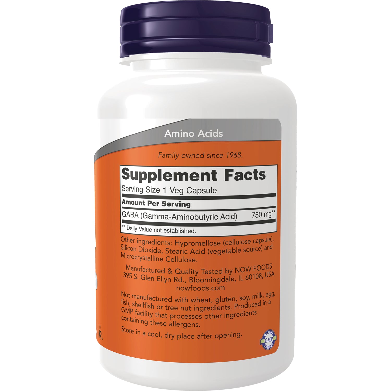 NWF307 | supplement facts panel and ingredient list showing GABA 750 mg on orange-labeled bottle back