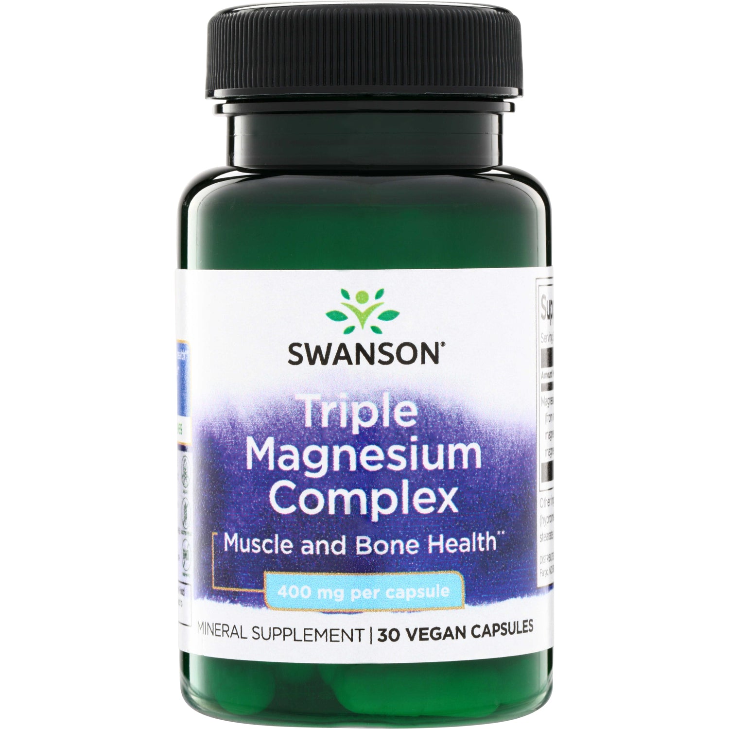 SW1243 | Swanson Triple Magnesium Complex bottle front, Muscle and Bone Health, 400 mg per capsule, 30 vegan capsules