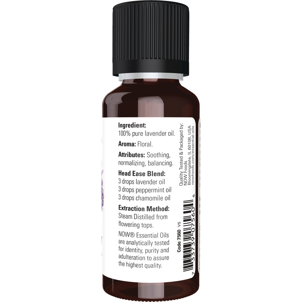 NWF057 | Back of amber essential oil bottle label showing 100% pure lavender oil, usage blend and barcode - Thumbnail