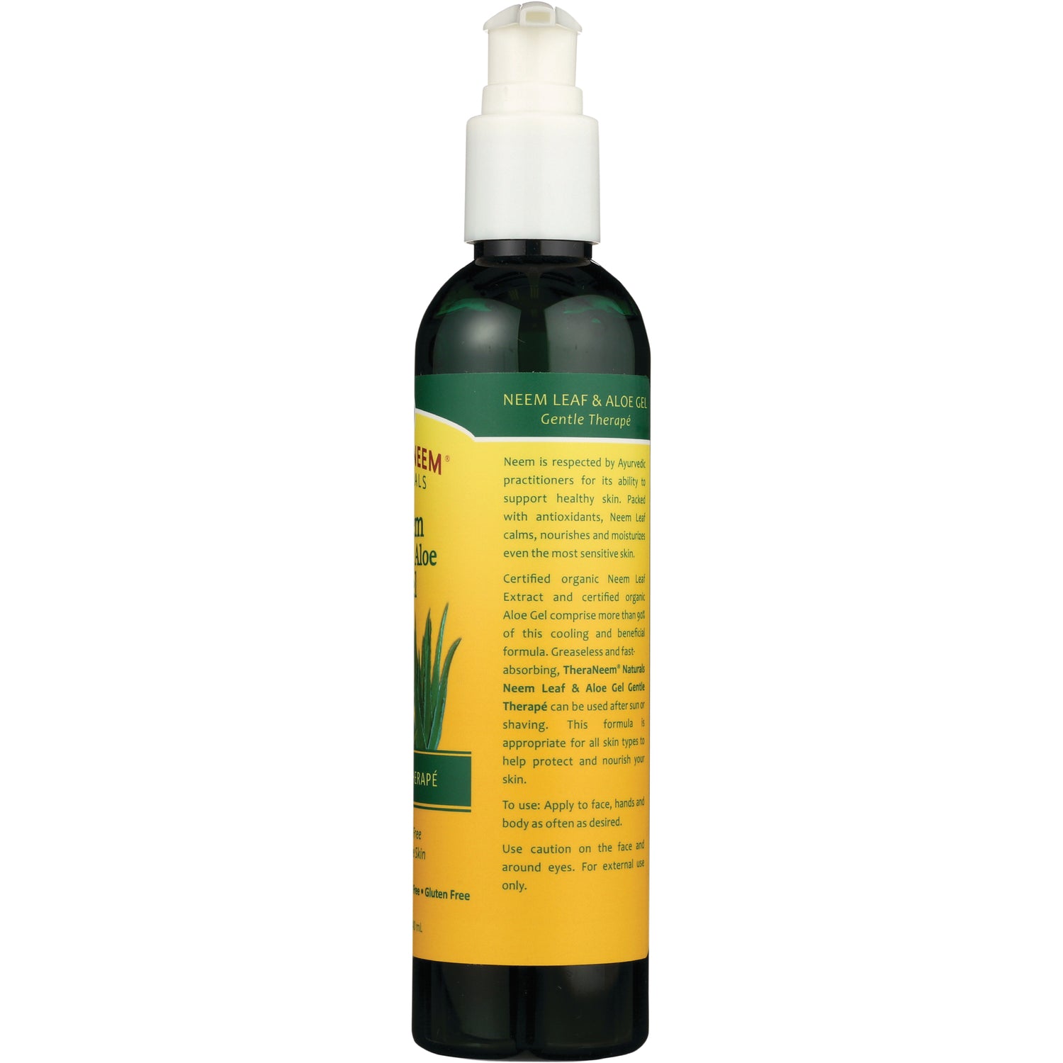 OGX013 | Back of neem leaf & aloe gel pump bottle with yellow label showing ingredients and usage directions