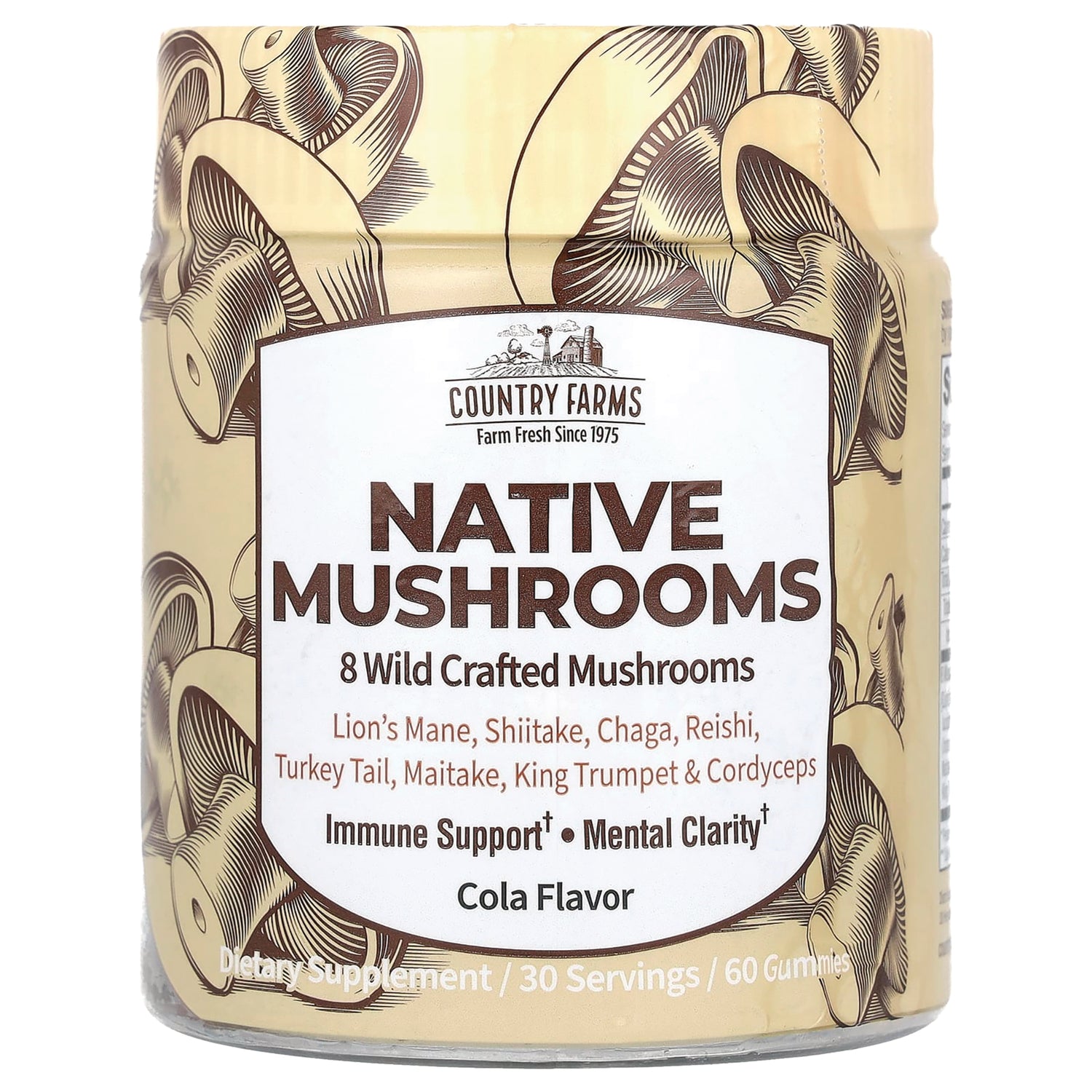 CFR026 | Country Farms Native Mushrooms front label showing cola flavor, 8 wild crafted mushrooms, 60 gummies