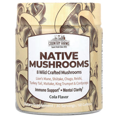 CFR026 | Country Farms Native Mushrooms front label showing cola flavor, 8 wild crafted mushrooms, 60 gummies