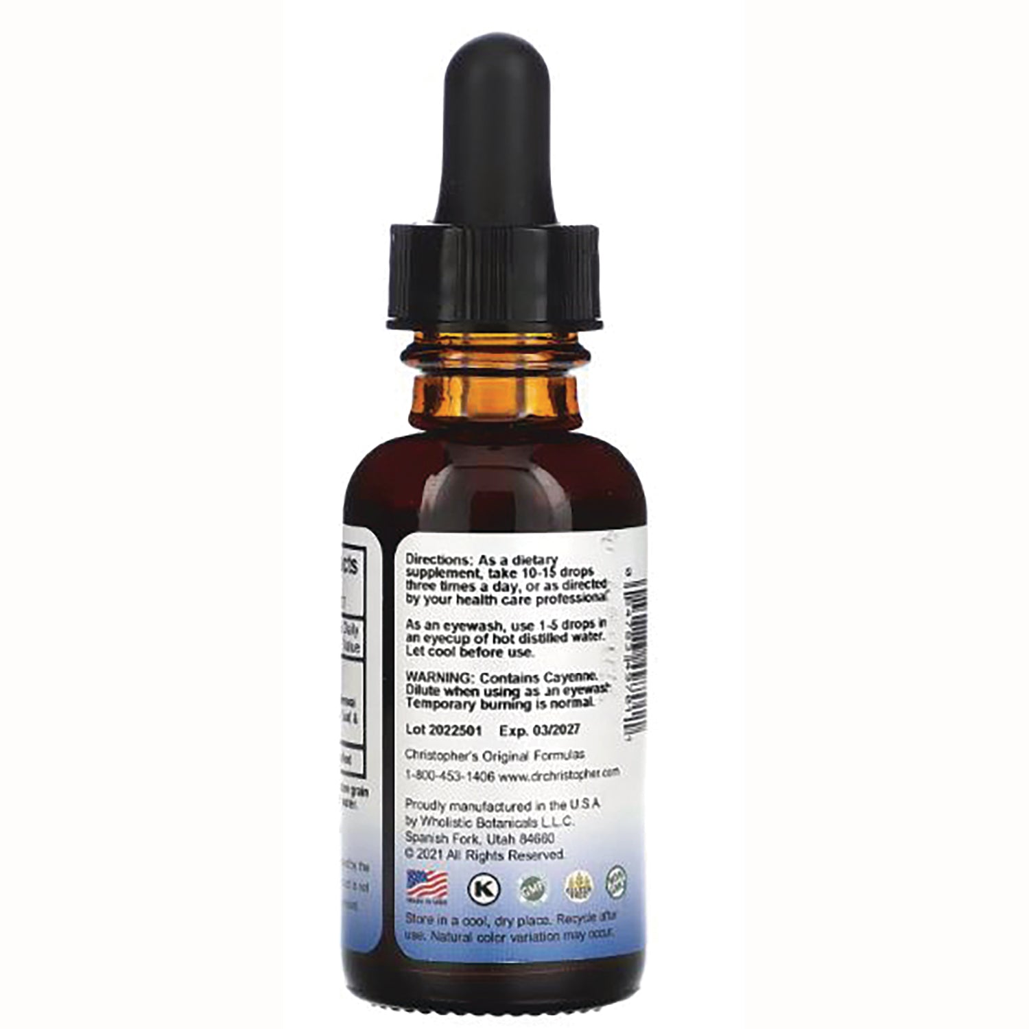 DCR060 | Back of amber dropper bottle showing directions, warnings, lot number and barcode