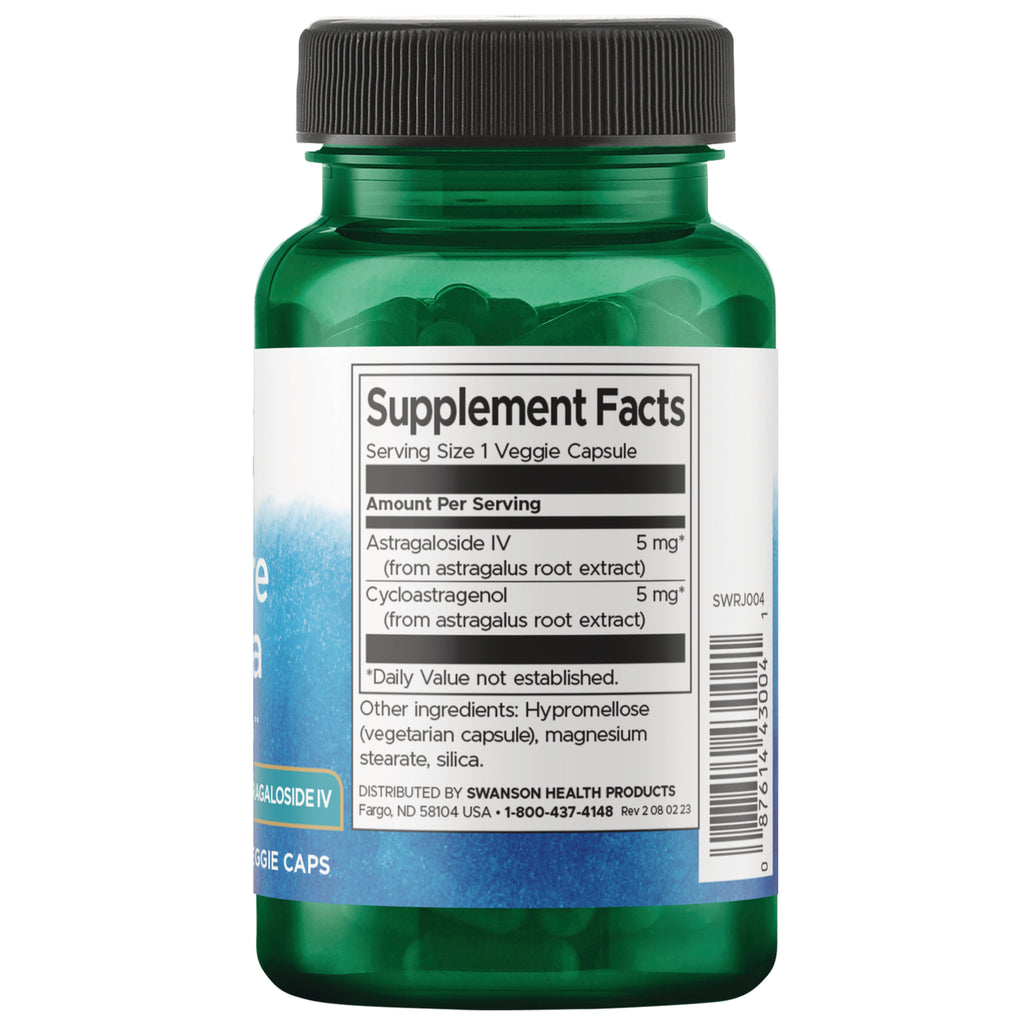 SWRJ004 | Back of green supplement bottle with Supplement Facts panel listing Astragaloside IV 5 mg and Cycloastragenol 5 mg - Thumbnail