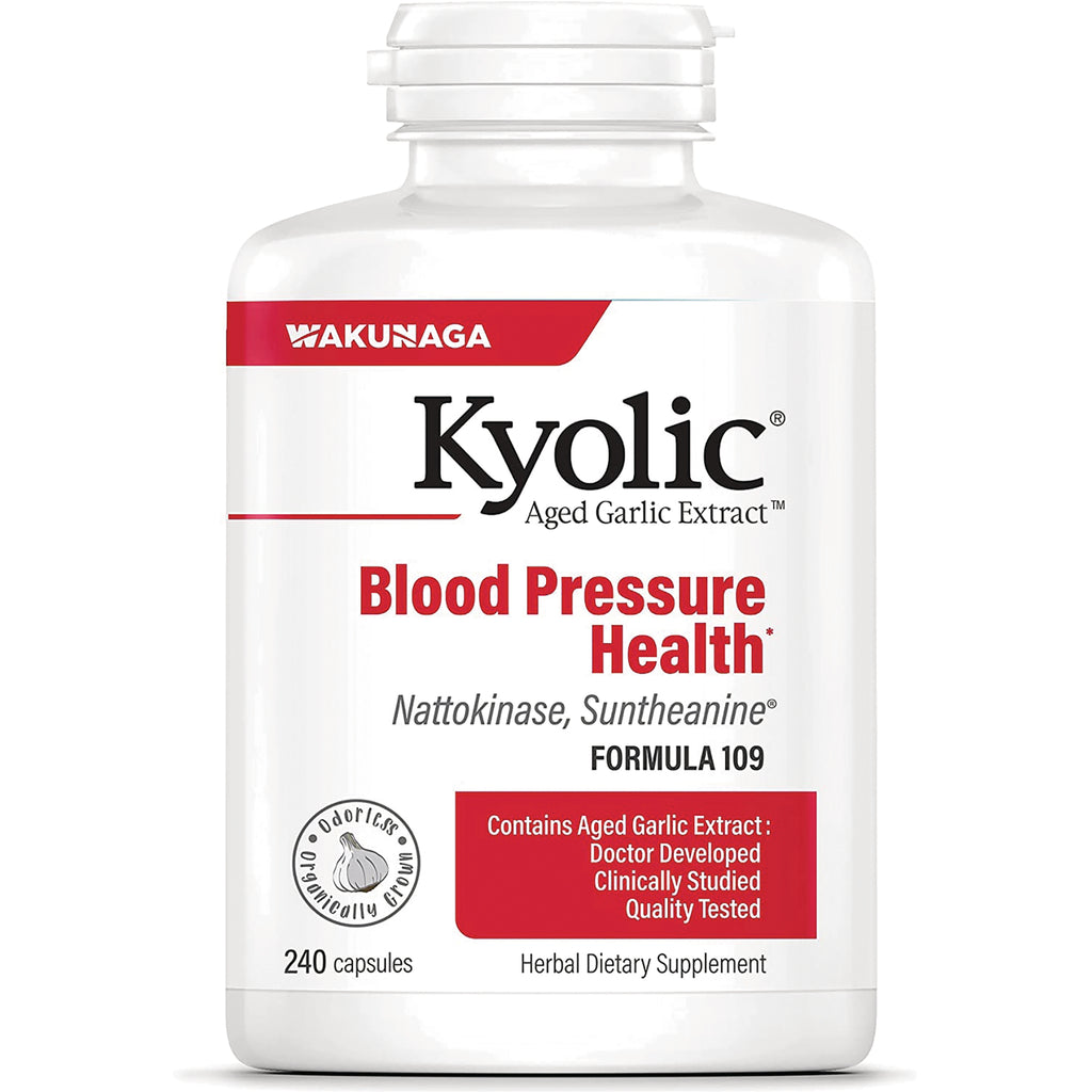 KY140 | Kyolic Blood Pressure Health white supplement bottle labeled 240 capsules and aged garlic extract - Thumbnail