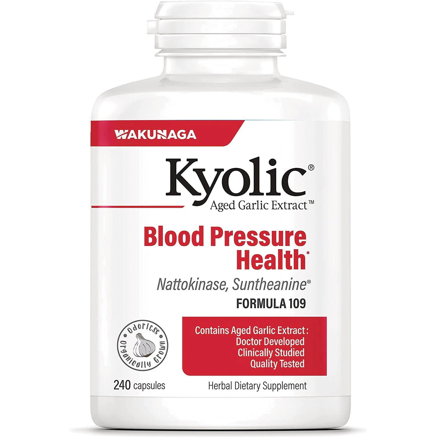KY140 | Kyolic Blood Pressure Health white supplement bottle labeled 240 capsules and aged garlic extract