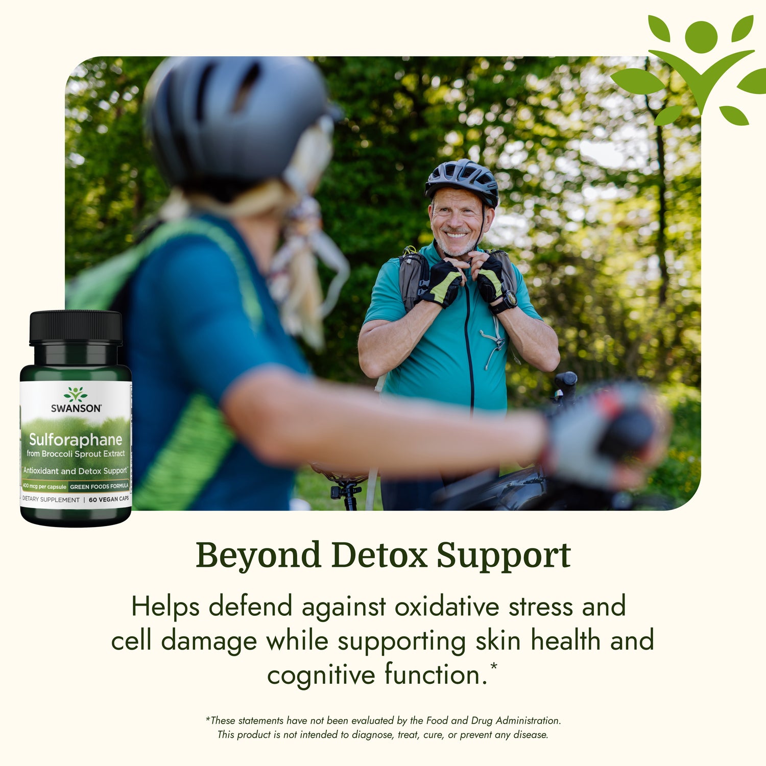 SWR048 | Cyclists in a wooded trail scene with Swanson Sulforaphane bottle and detox support message