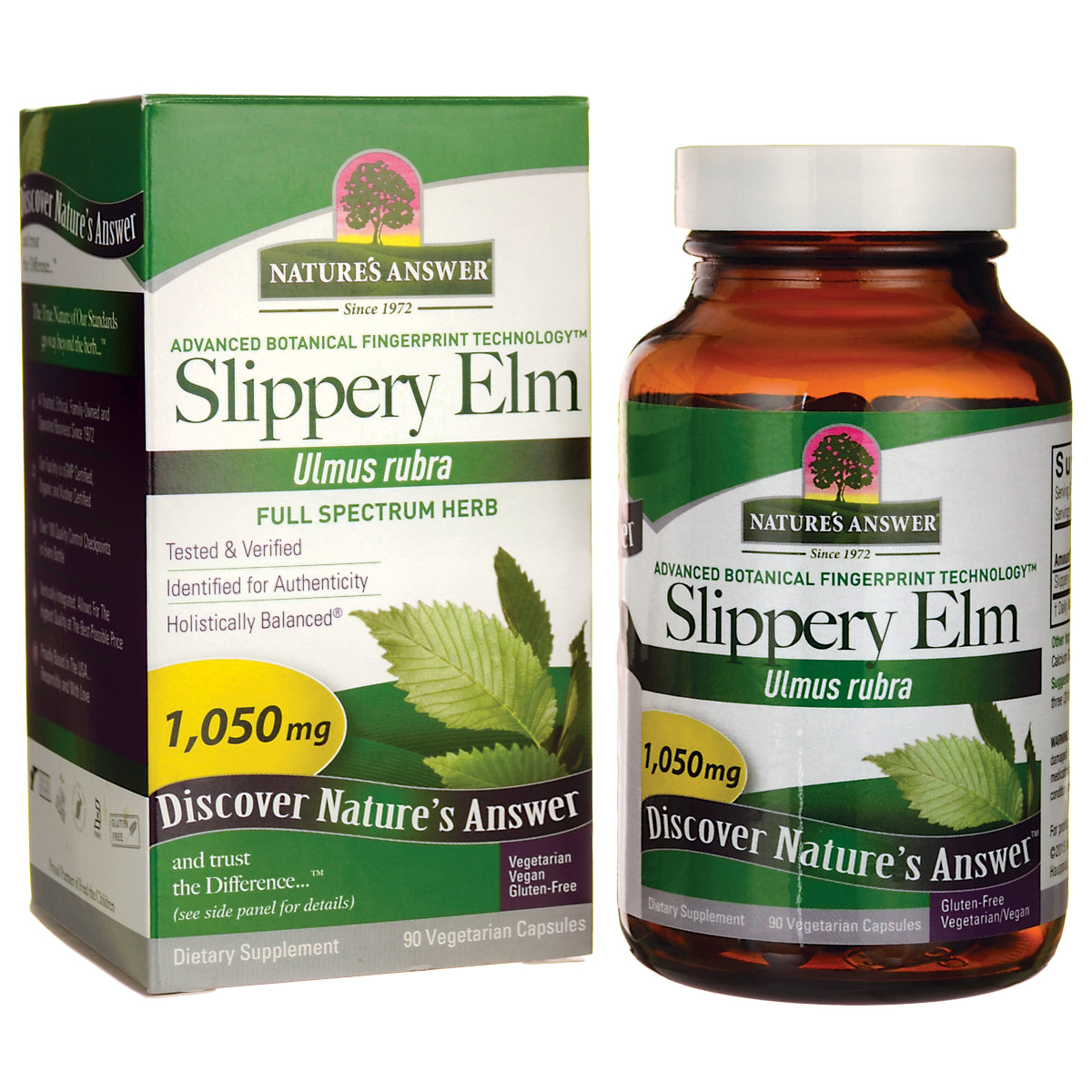 NAT169 | Nature's Answer Slippery Elm supplement box and amber bottle, 1,050 mg, 90 vegetarian capsules