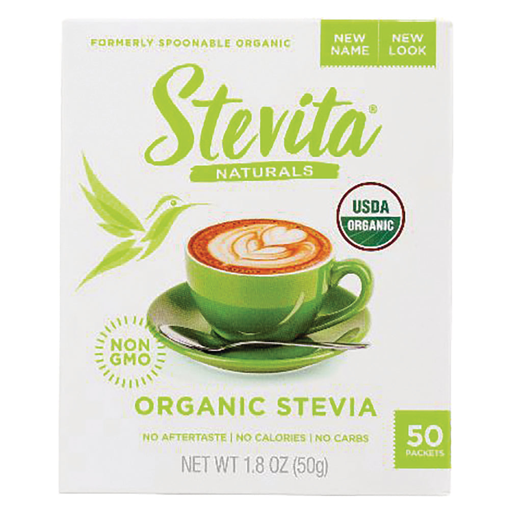 STV004 | Stevita Naturals Organic Stevia sweetener box front, 50 packets, USDA Organic, Non-GMO - Thumbnail