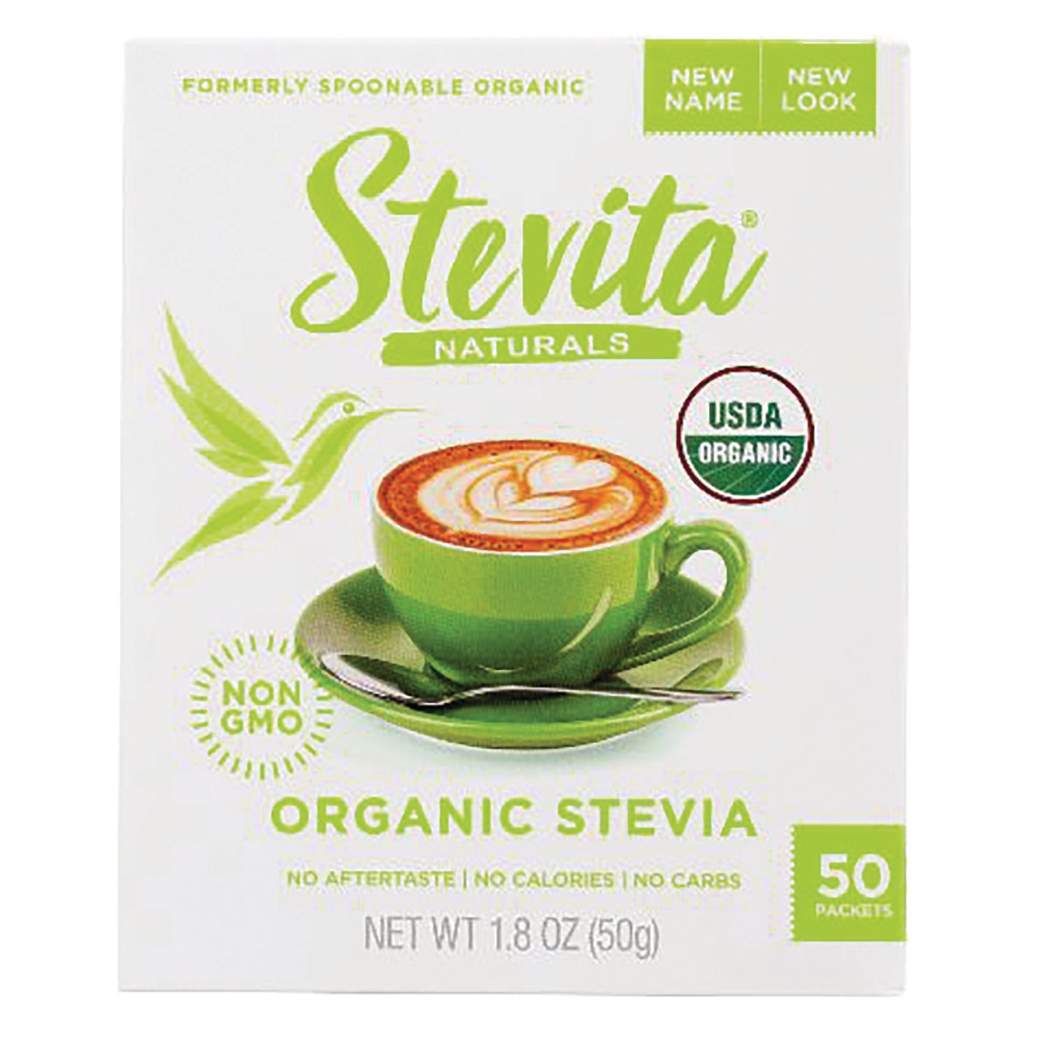 STV004 | Stevita Naturals Organic Stevia sweetener box front, 50 packets, USDA Organic, Non-GMO