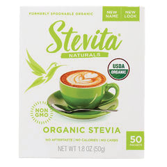 STV004 | Stevita Naturals Organic Stevia sweetener box front, 50 packets, USDA Organic, Non-GMO