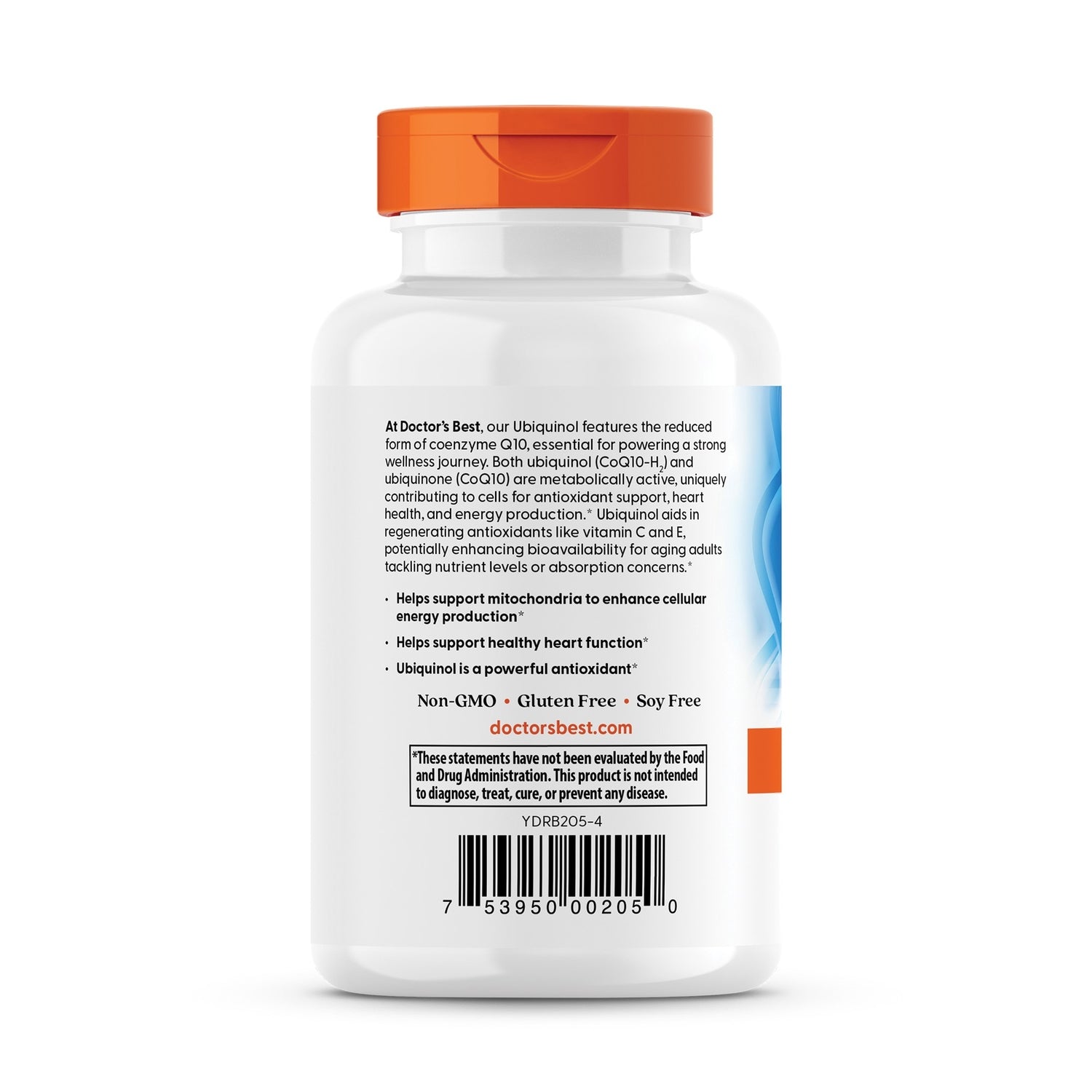 DB101 | Back label of white supplement bottle showing product text about ubiquinol, claims and barcode