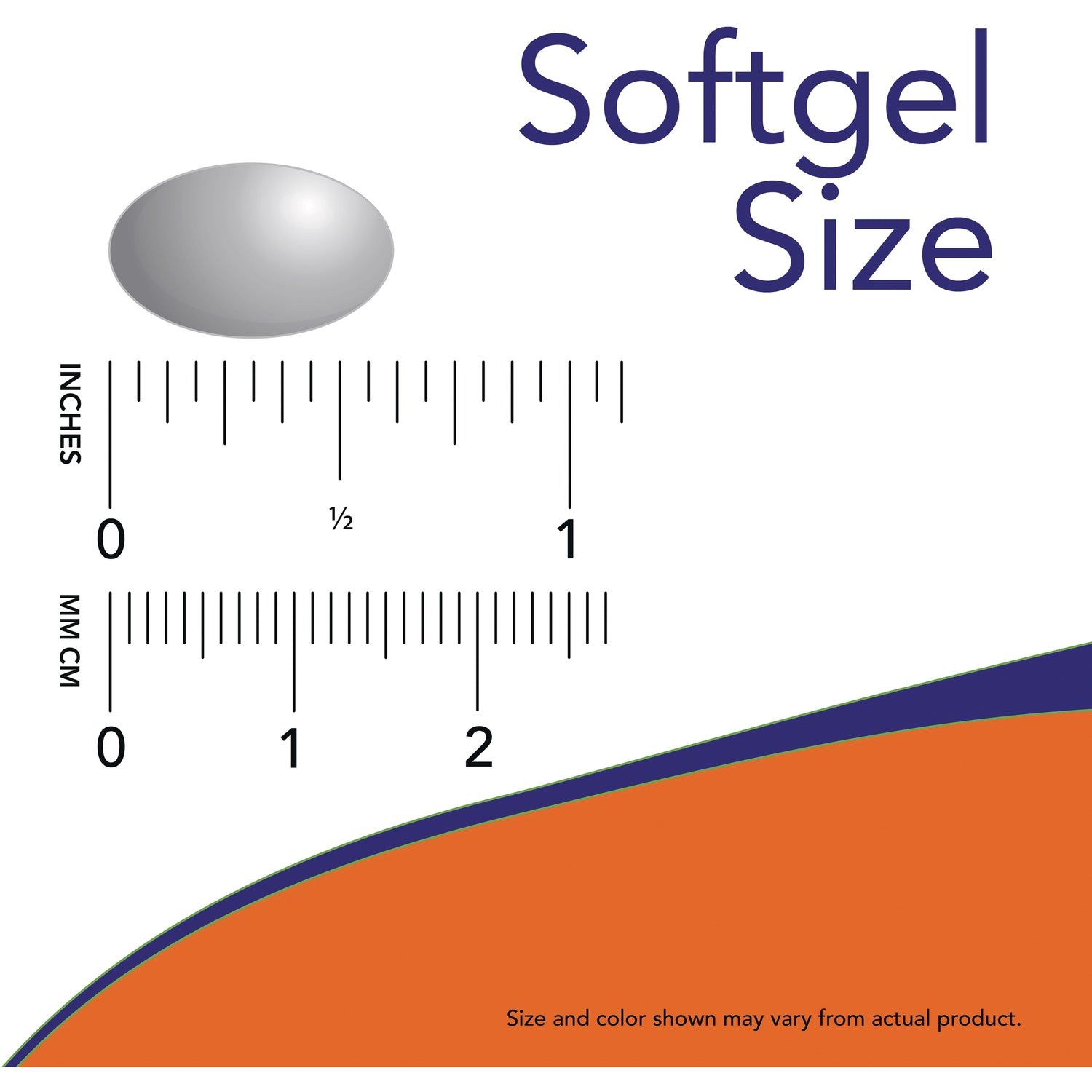 NWF883 | Softgel Size diagram with gray softgel above inch and mm/cm rulers, includes note Size and color shown may vary