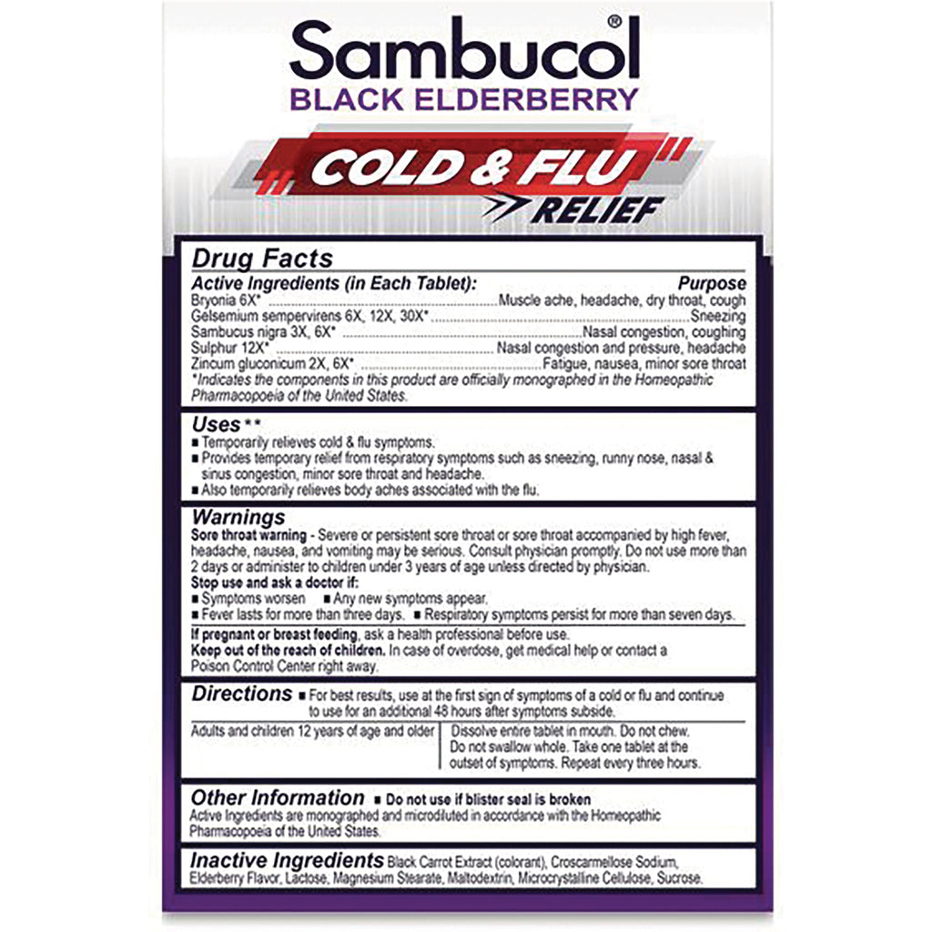 SMB008 | Sambucol Black Elderberry Cold & Flu Relief back label with Drug Facts, uses, warnings, directions - Thumbnail
