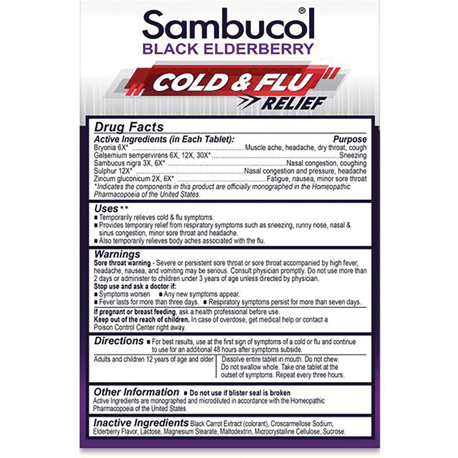 SMB008 | Sambucol Black Elderberry Cold & Flu Relief back label with Drug Facts, uses, warnings, directions