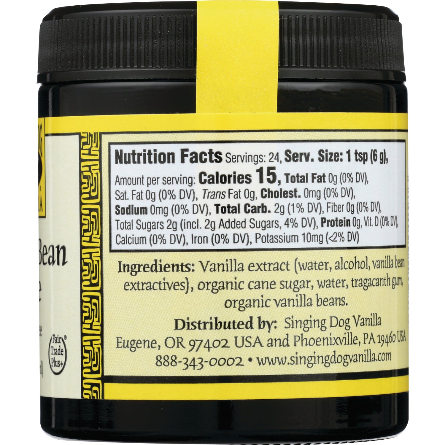 Nutrition facts panel and ingredients list for vanilla extract jar showing Calories 15 and Ingredients: Vanilla extract, organic cane sugar