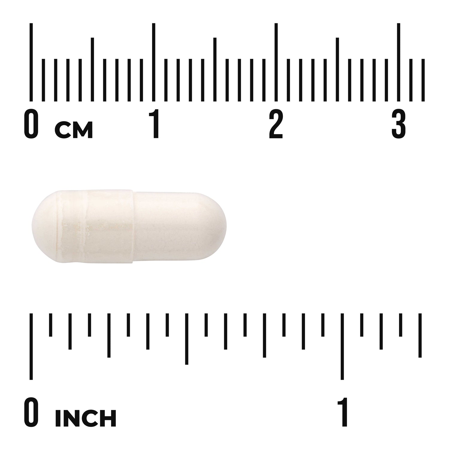 SWU872 | White capsule on centimeter and inch rulers showing pill size and shape