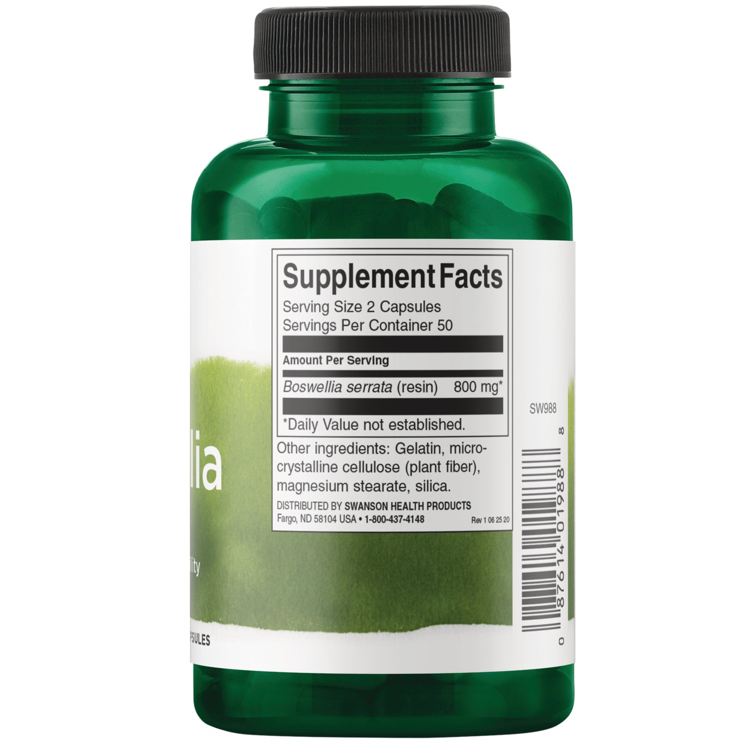 SW988 | Back label with Supplement Facts for Boswellia serrata (resin) 800 mg, serving size 2 capsules