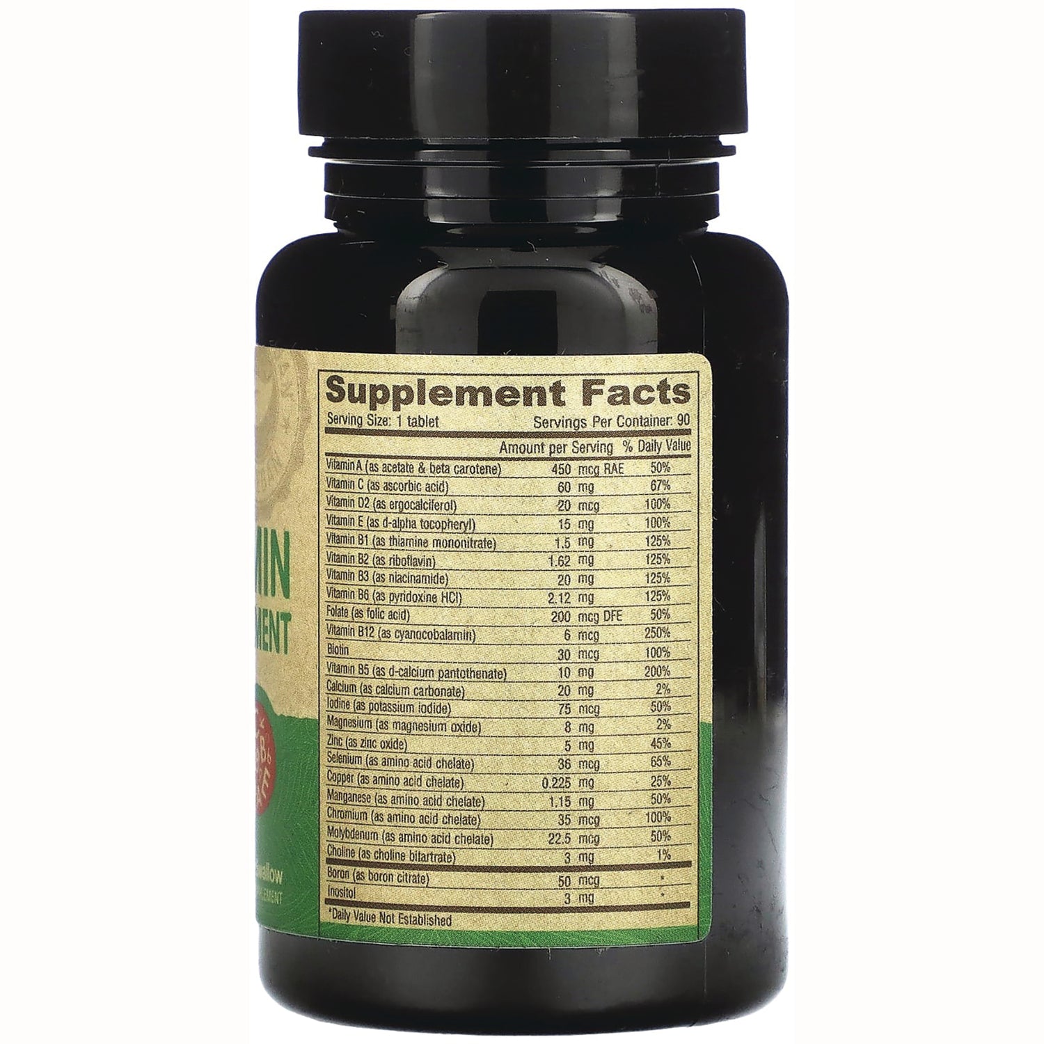 DEV044 | Back of dark supplement bottle showing Supplement Facts label with nutrition facts and ingredient list