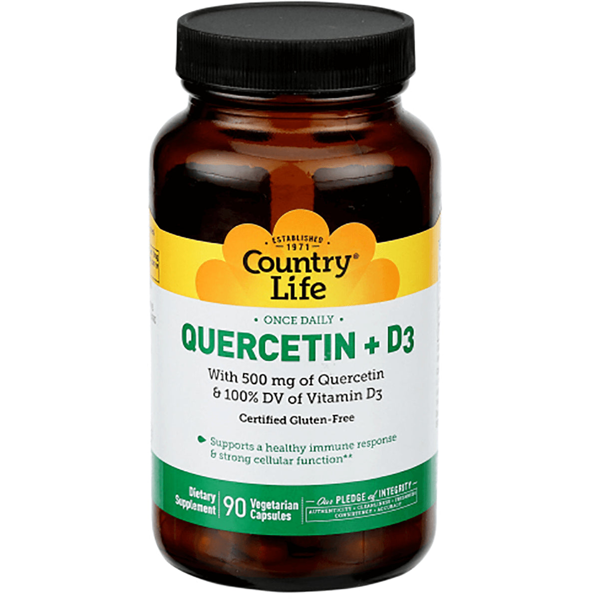 CRL634 | Country Life Quercetin + D3 supplement bottle front label, 90 vegetarian capsules