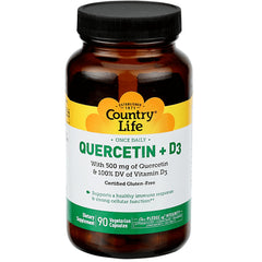 CRL634 | Country Life Quercetin + D3 supplement bottle front label, 90 vegetarian capsules