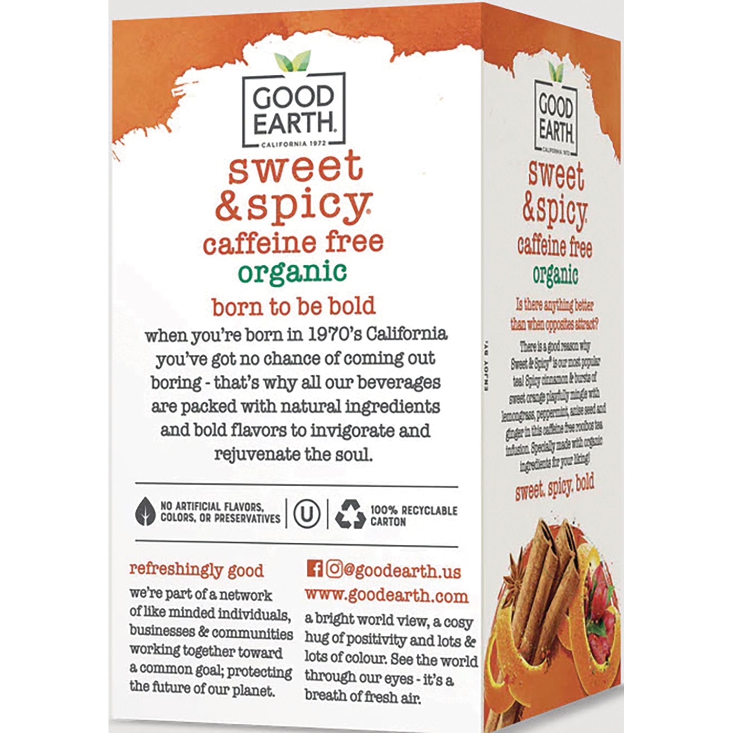 GET019 | Good Earth sweet & spicy caffeine free organic product infographic panel with cinnamon and product description