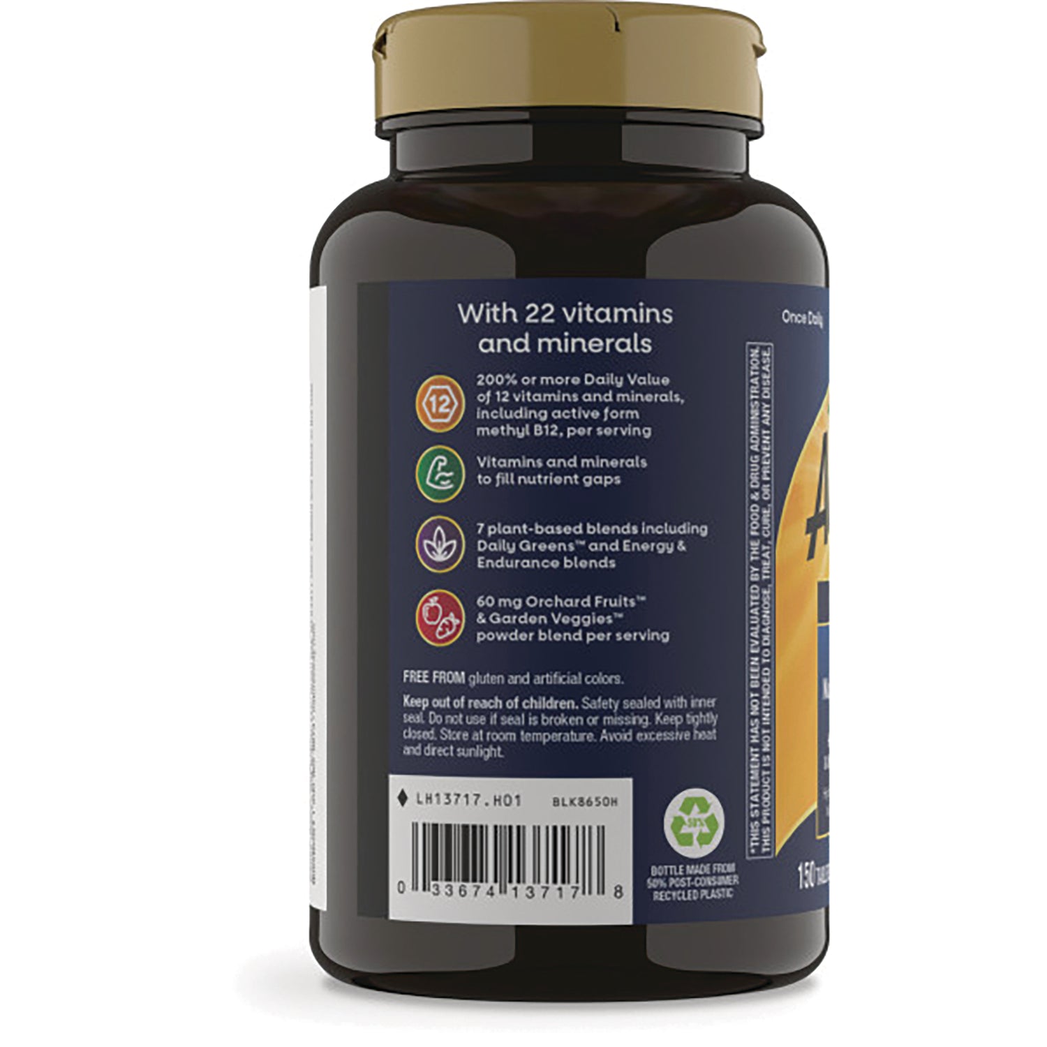 NW1046 | back label of brown supplement bottle showing ingredient highlights, barcode, and recycling symbol