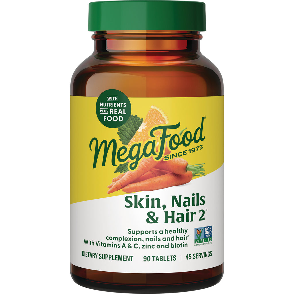 MGF079 | MegaFood Skin, Nails & Hair supplement bottle front label with carrots and orange slice, green cap, 90 tablets - Thumbnail