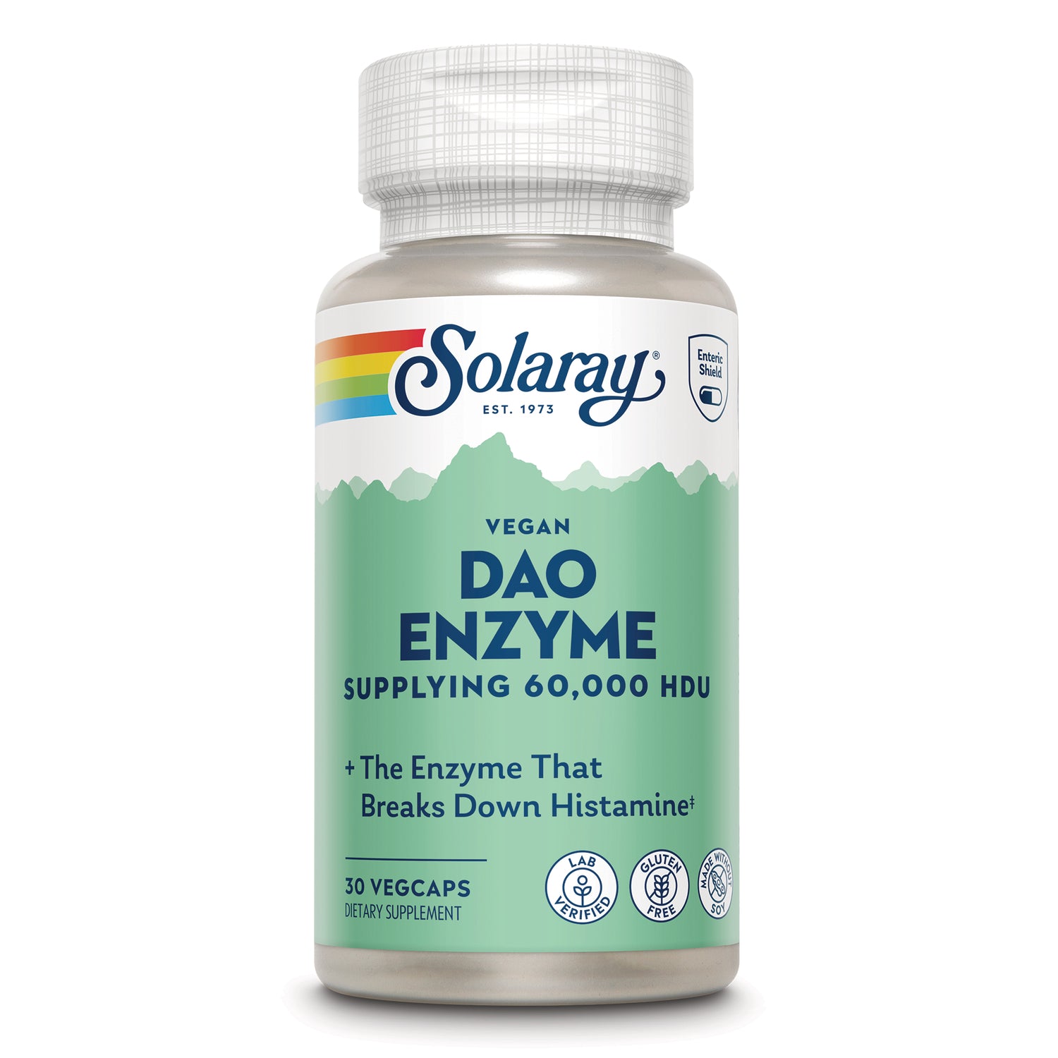 SLR544 | Solaray Vegan DAO Enzyme, supplying 60,000 HDU, 30 VegCaps dietary supplement bottle