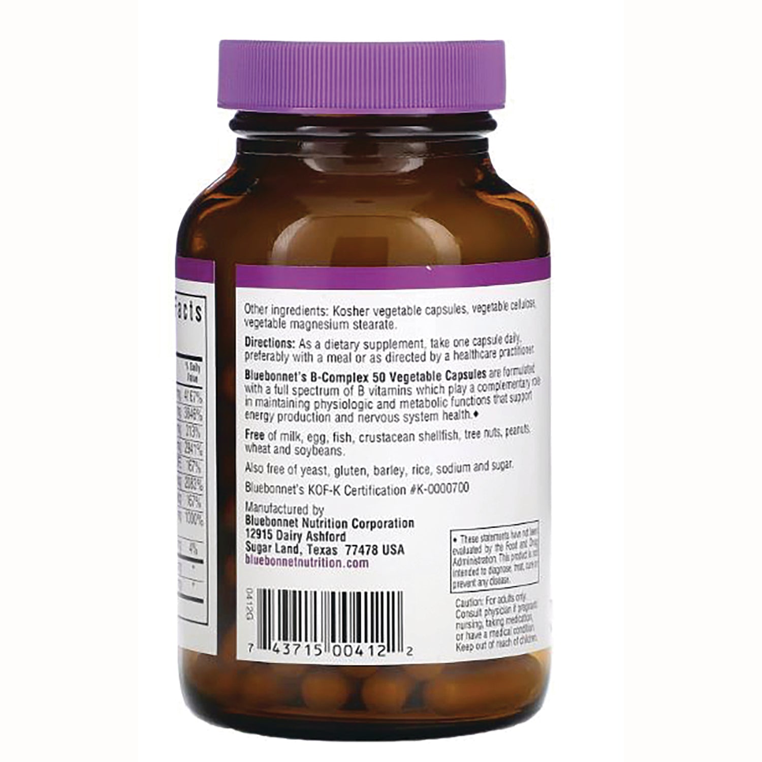 Back label of brown supplement bottle showing ingredients, directions, manufacturer information and barcode