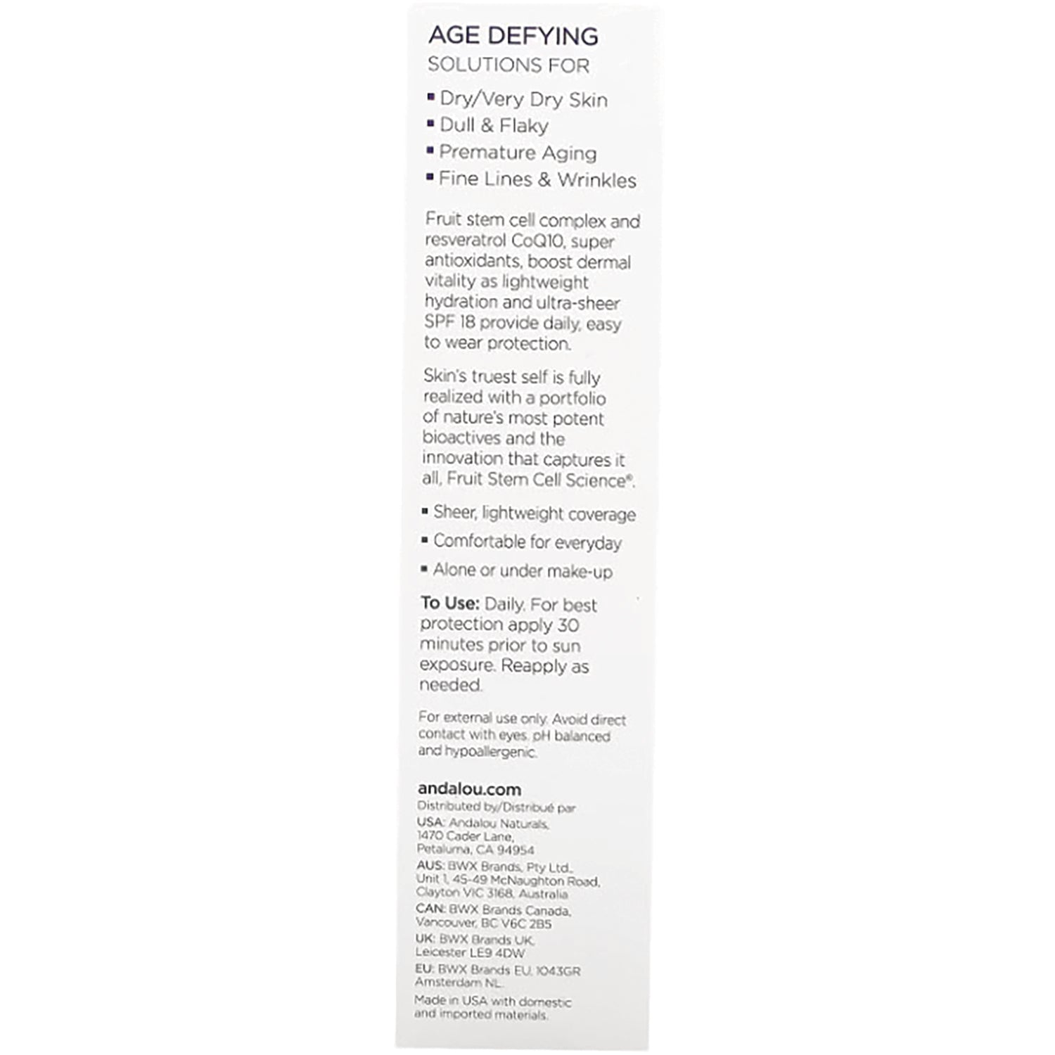 ADN021 | Back panel: Age Defying solutions listing benefits for dry skin and 'To Use: Daily' instructions