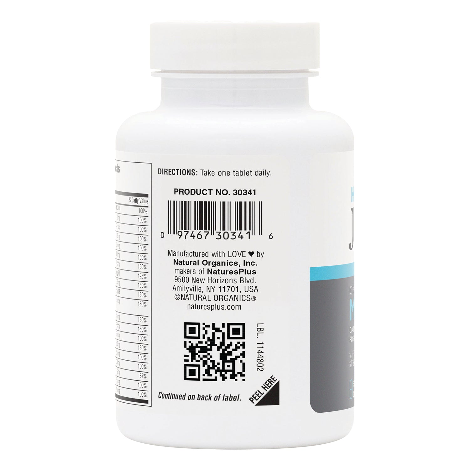 NTP351 | Back of white supplement bottle showing barcode, QR code, product number and directions Take one tablet daily