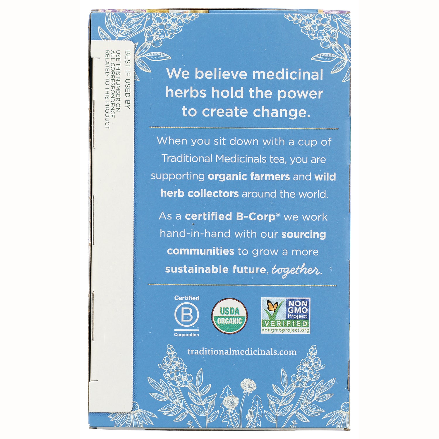 TMD015 | Traditional Medicinals message about medicinal herbs, organic farmers, B Corp, USDA Organic and Non-GMO logos