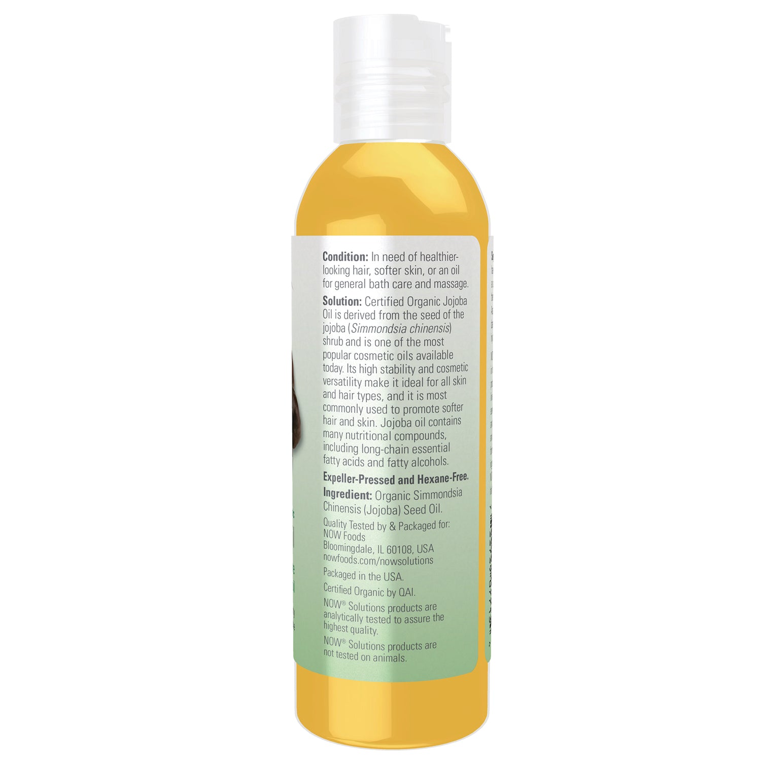 NWF1124 | Back label of yellow bottle showing ingredients and product information for jojoba oil
