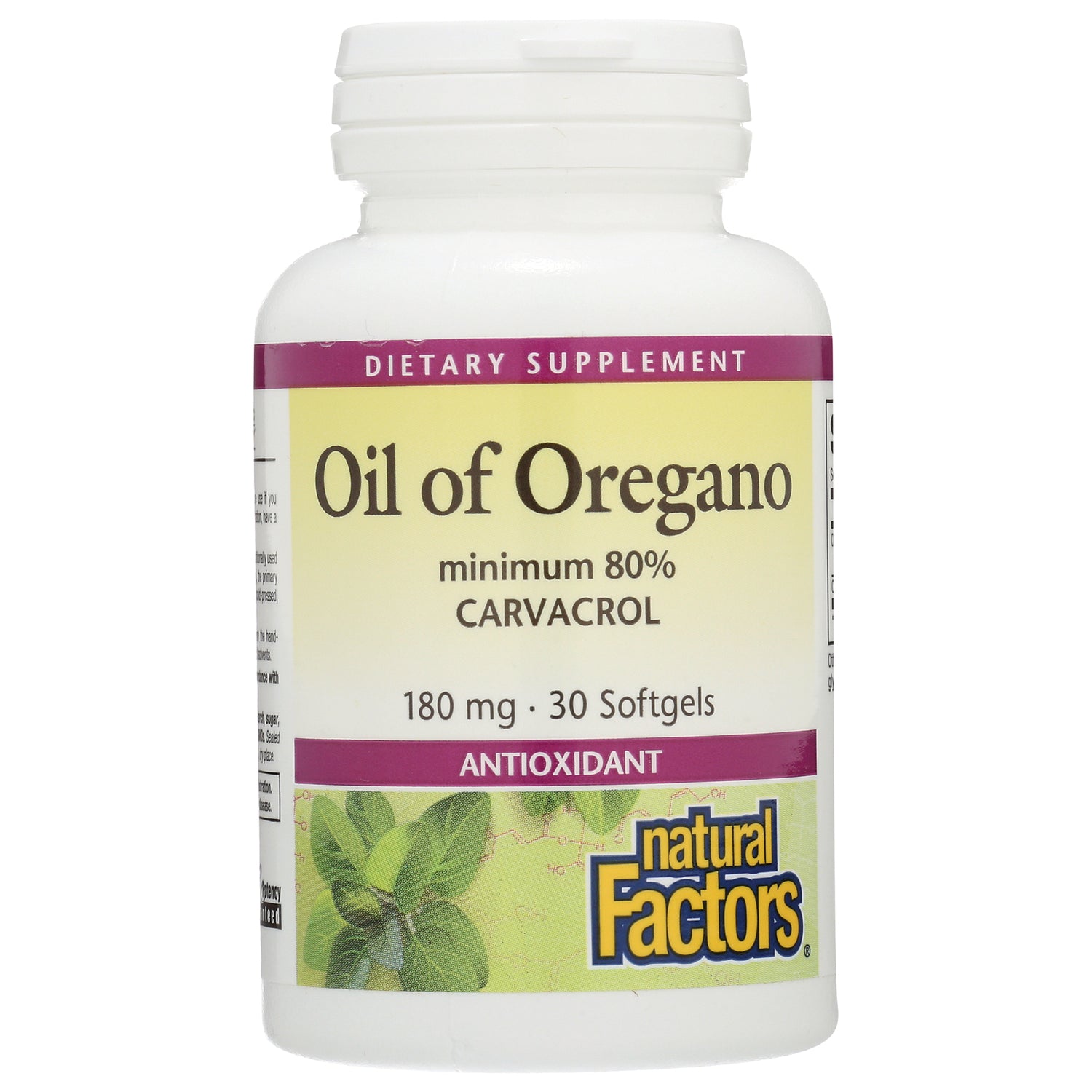 NFC181 | Bottle of Oil of Oregano softgels labeled 180 mg 30 Softgels antioxidant by Natural Factors