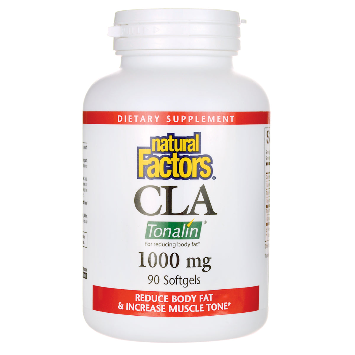 NFC017 | Natural Factors CLA Tonalin 1000 mg bottle, 90 softgels, front label with reduce body fat claim