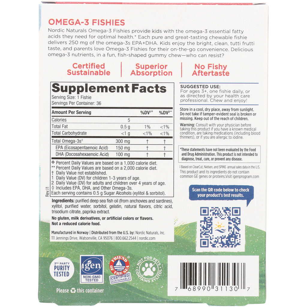 NRN068 | Omega-3 Fishies back panel showing Supplement Facts, ingredients, suggested use, QR code and barcode - Thumbnail
