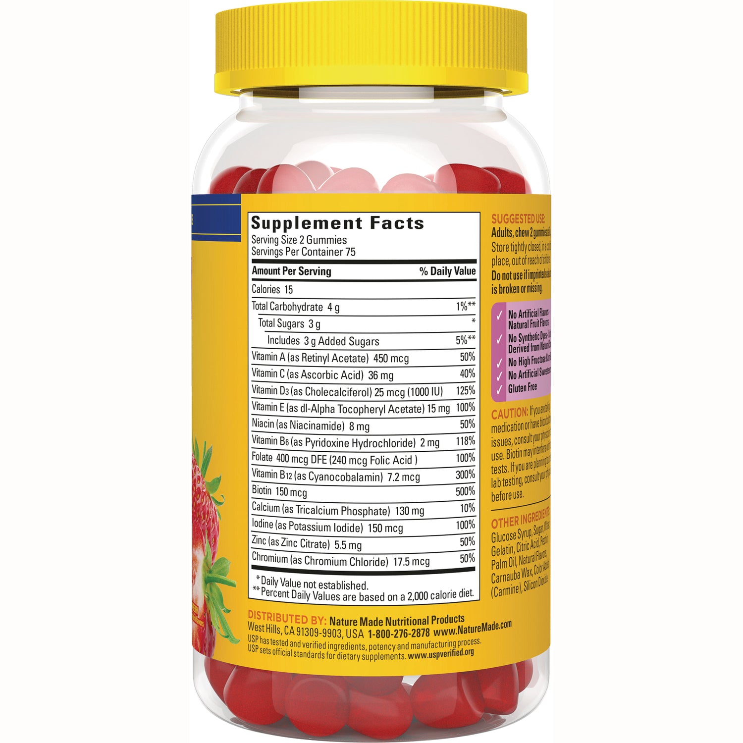 NTM168 | Back of gummy bottle showing Supplement Facts panel, ingredients and caution text