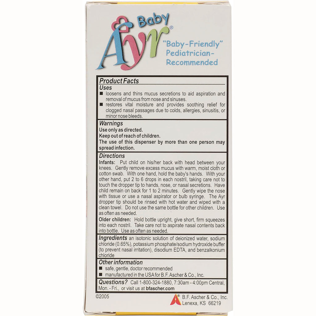 BFA002 | back of Baby Ayr nasal saline box showing product facts, directions, warnings, and ingredients - Thumbnail